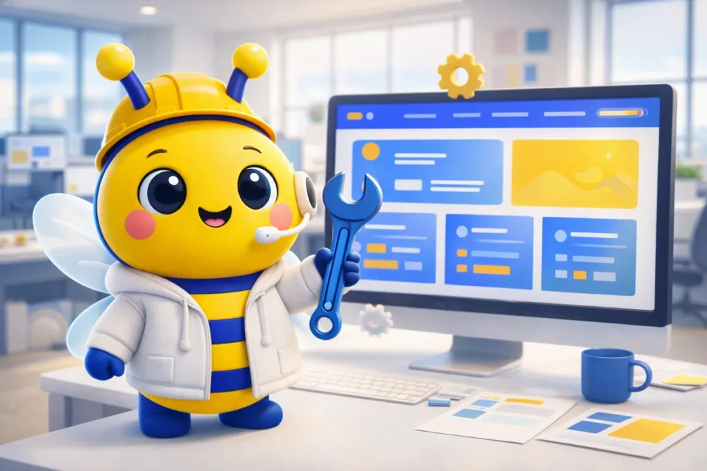 MAGi Webmaster đội mũ bảo hộ trước màn hình website, minh hoạ 3D