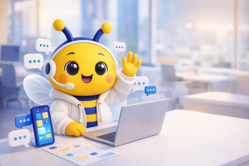 MAGi đeo tai nghe bên laptop và điện thoại có bong bóng chat, minh hoạ 3D