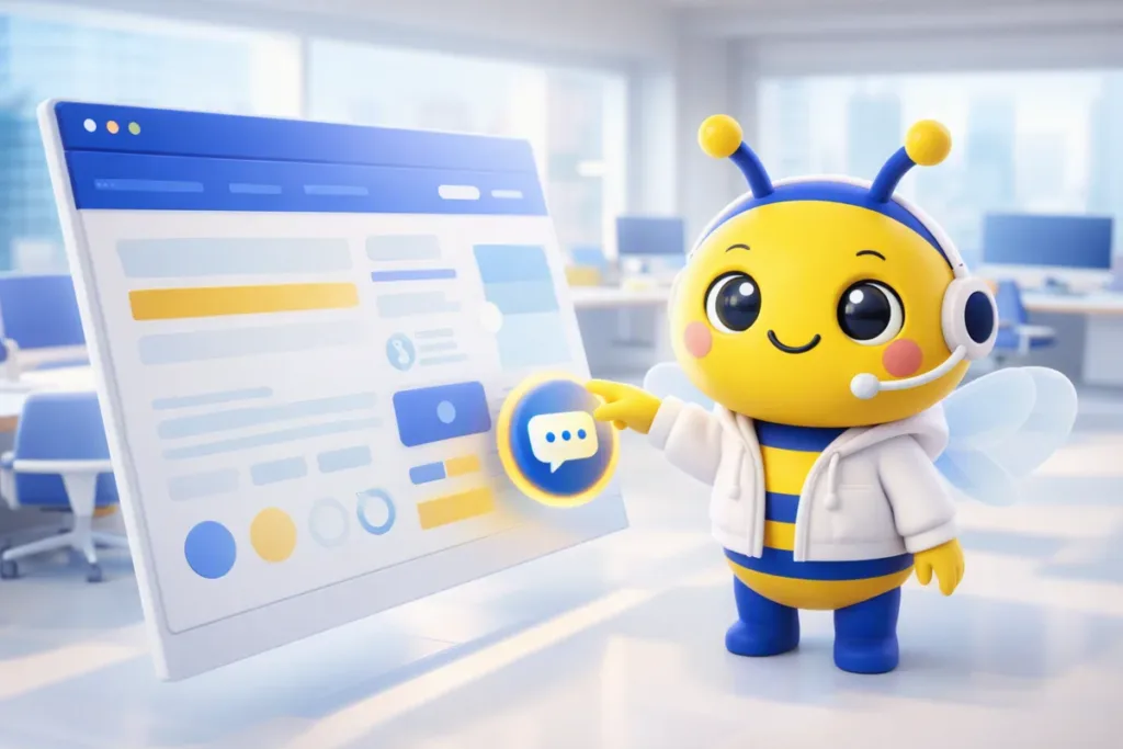 MAGi chỉ vào bong bóng chat góc phải một trang web, minh hoạ 3D