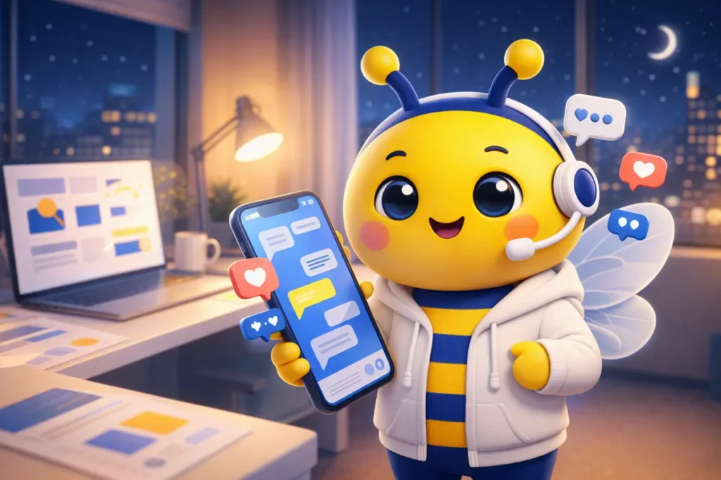 MAGi cầm điện thoại trả lời Messenger lúc 22 giờ, minh hoạ 3D