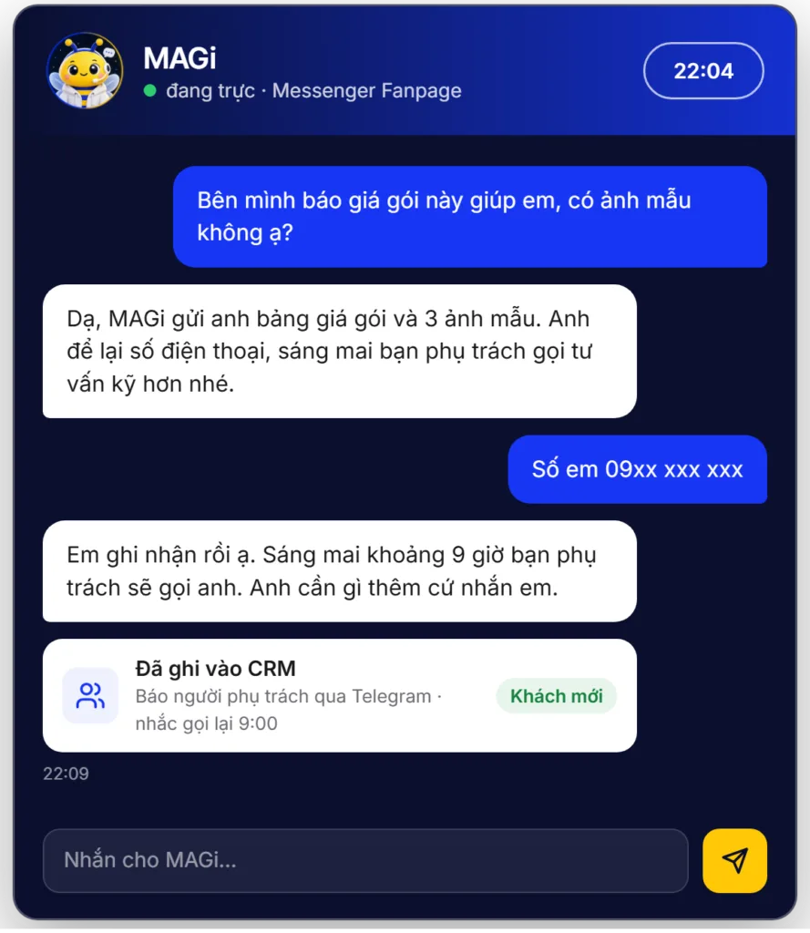Khung chat mô phỏng: MAGi gửi báo giá, ghi khách vào CRM và báo sale qua Telegram, dữ liệu minh hoạ