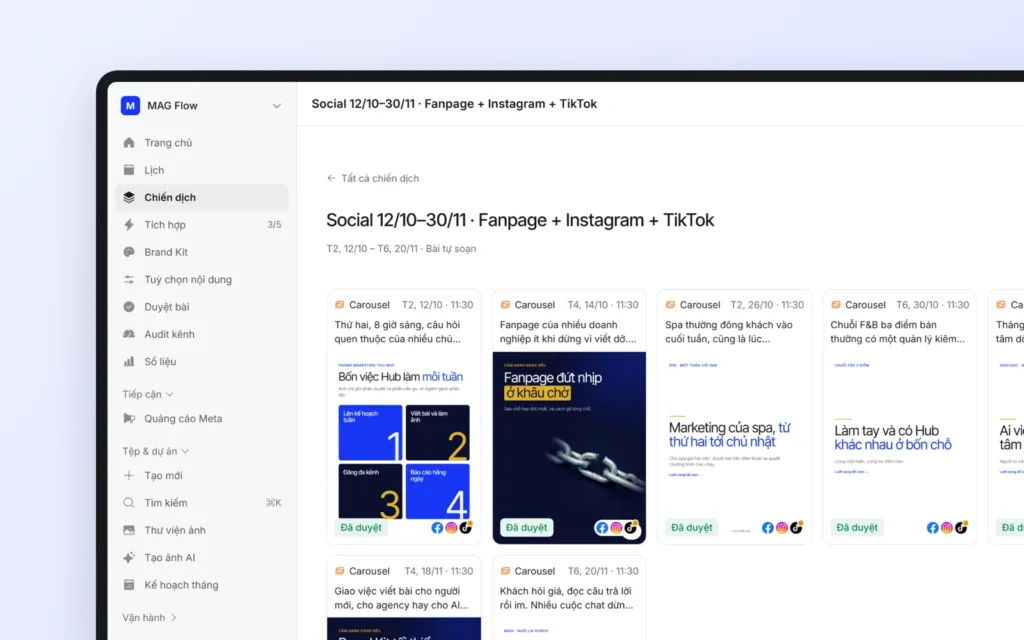 Chiến dịch Fanpage, Instagram, TikTok với các bài đã duyệt trong MAG Marketing Hub