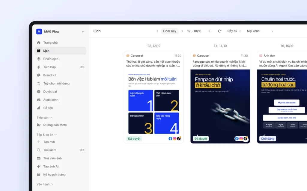 Lịch đăng bài tuần trong MAG Marketing Hub: bài đã duyệt và chờ đăng trên Facebook, Instagram, TikTok